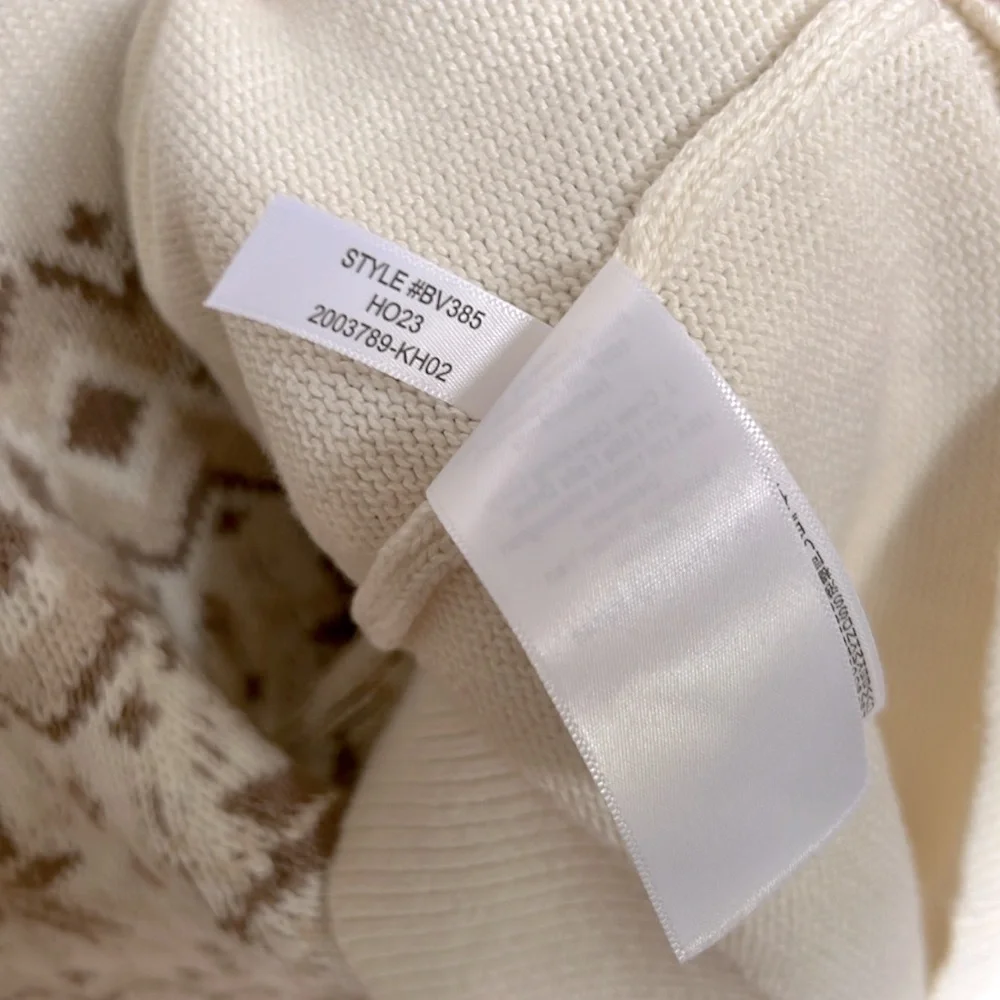 J. Crew 100% Cotton Fair Isle Ivory Brown Crewneck Sweater Puff Slv Sz M SOOL